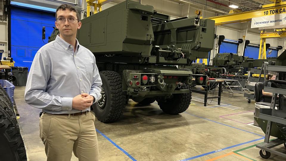 The manufacturing supervisor of Lockheed Martin's HIMARS work, Nick Spurlin, came to work three years ago as an assembler at the facility. A graduate of Southern Arkansas University, he followed in the footsteps of his father, who had spent 30 years at the company, partly working on the system. Spurlin said the production line now has roughly 50 workers building the weapon from the ground up. (Jen Judson/Staff)