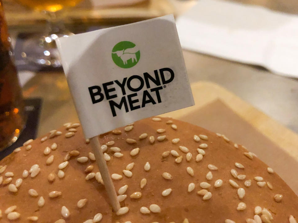 Beyond Meat hamburger is seen in a pub in Milan, Italy, on January 04 2020. Beyond Meat is a Los Angeles-based producer of plant-based meat substitutes founded in 2009 by Ethan Brown. The company's initial products became available across the United States in 2012.The company has products designed to simulate chicken, beef, and pork sausage.According to a life cycle assessment (LCA) of the Beyond Burger from the University of Michigan, the Beyond Burger generates 90% less greenhouse gas emissions, requires 46% less energy, has &gt;99% less impact on water scarcity and 93% less impact on land use than a ¼ pound of U.S. beef. (Photo by Mairo Cinquetti/NurPhoto via Getty Images)