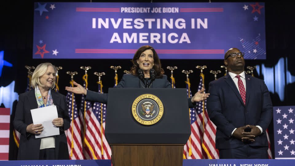 Kathy Hochul, governor of New York, center, speaks during an event with US President Joe Biden at SUNY Westchester Community College in Valhalla, New York, US, on Wednesday, May 10, 2023. Sen. Kirsten Gillibrand, left, listens.  - Victor Blue/Bloomberg/Getty Images