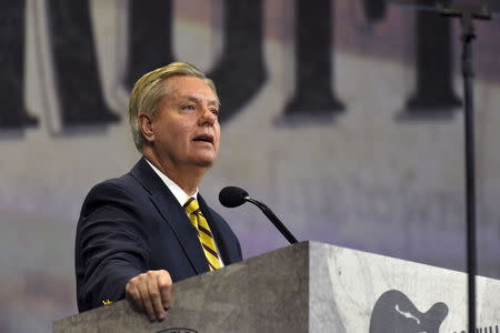 U.S. Senator South Carolina Lindsey Graham (R-SC) speaks during the National Rifle Association's annual meeting in Nashville, Tennessee April 10, 2015. REUTERS/Harrison McClary