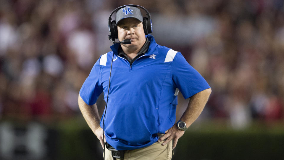 Kentucky head coach Mark Stoops looks on in the first half of an NCAA college football game against South Carolina, Saturday, Sept. 25, 2021, at Williams-Brice Stadium in Columbia, S.C. (AP Photo/Hakim Wright Sr.)