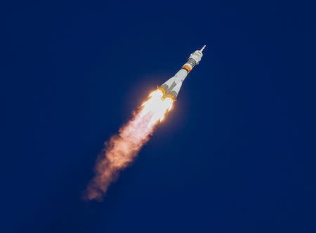 The Soyuz MS-10 spacecraft carrying the crew of astronaut Nick Hague of the U.S. and cosmonaut Alexey Ovchinin of Russia blasts off to the International Space Station (ISS) from the launchpad at the Baikonur Cosmodrome, Kazakhstan October 11, 2018. REUTERS/Shamil Zhumatov