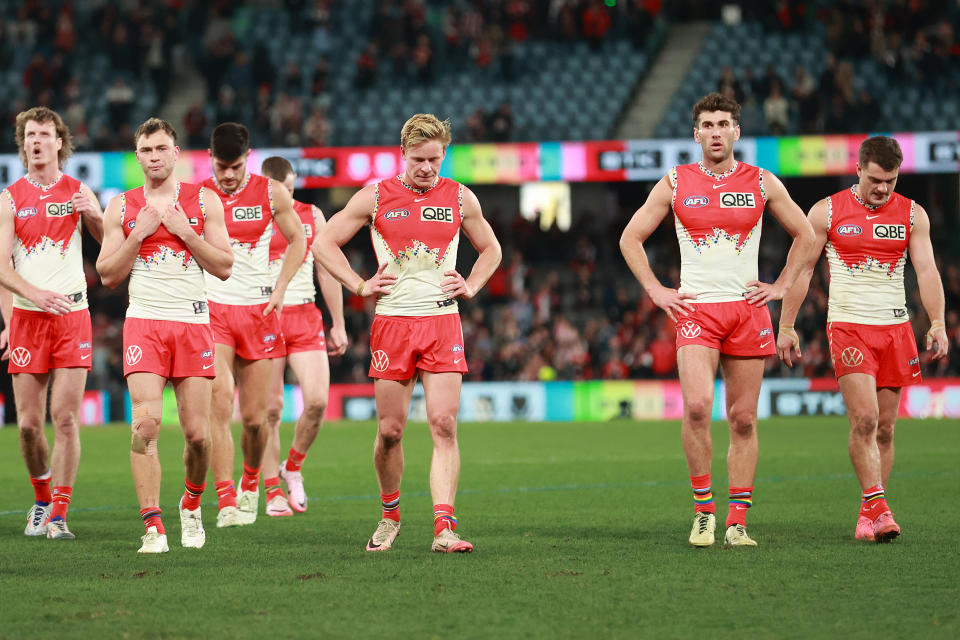 MELBOURNE, AUSTRALIA - JULY 07: Sydney players look on after the loss during the round 17 AFL match between St Kilda Saints and Sydney Swans at Marvel Stadium, on July 07, 2024, in Melbourne, Australia. (Photo by Kelly Defina/Getty Images)