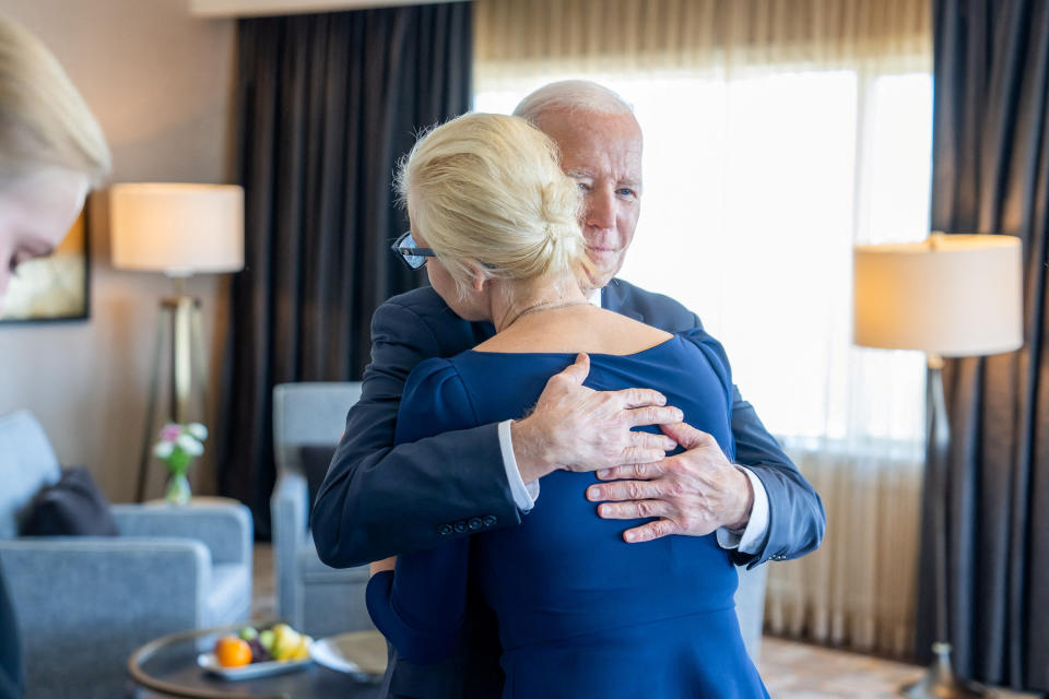 President Biden hugs Yulia Navalnaya during a meeting in San Francisco.