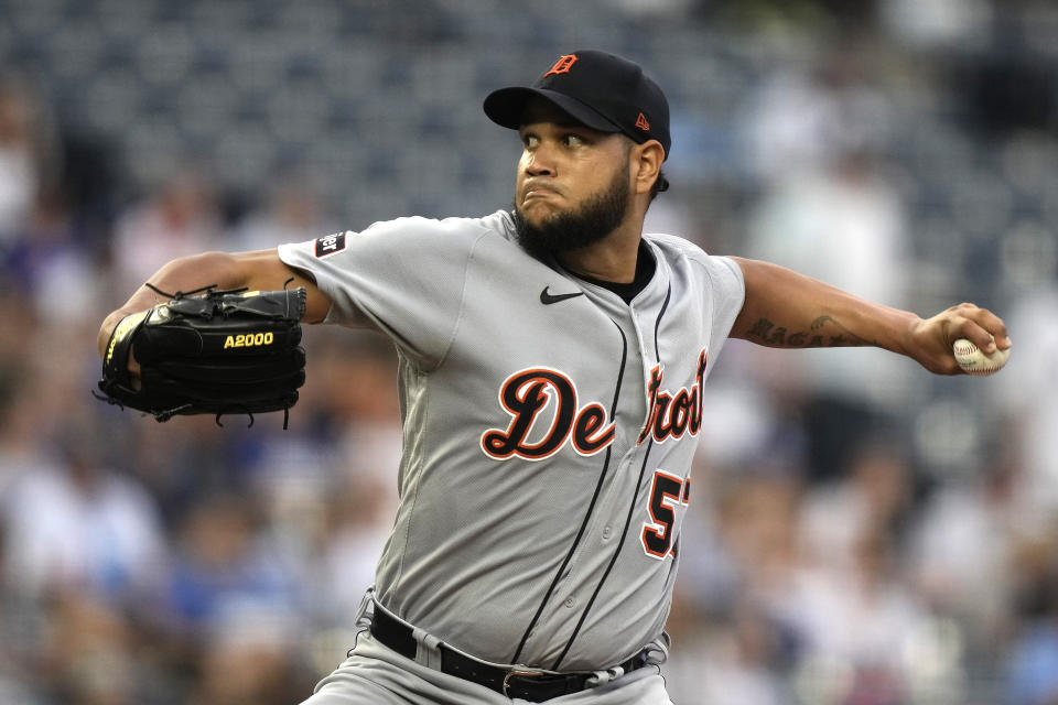 Detroit Tigers starting pitcher Eduardo Rodriguez throws during the first inning of a baseball game against the Kansas City Royals Wednesday, July 19, 2023, in Kansas City, Mo. (AP Photo/Charlie Riedel)