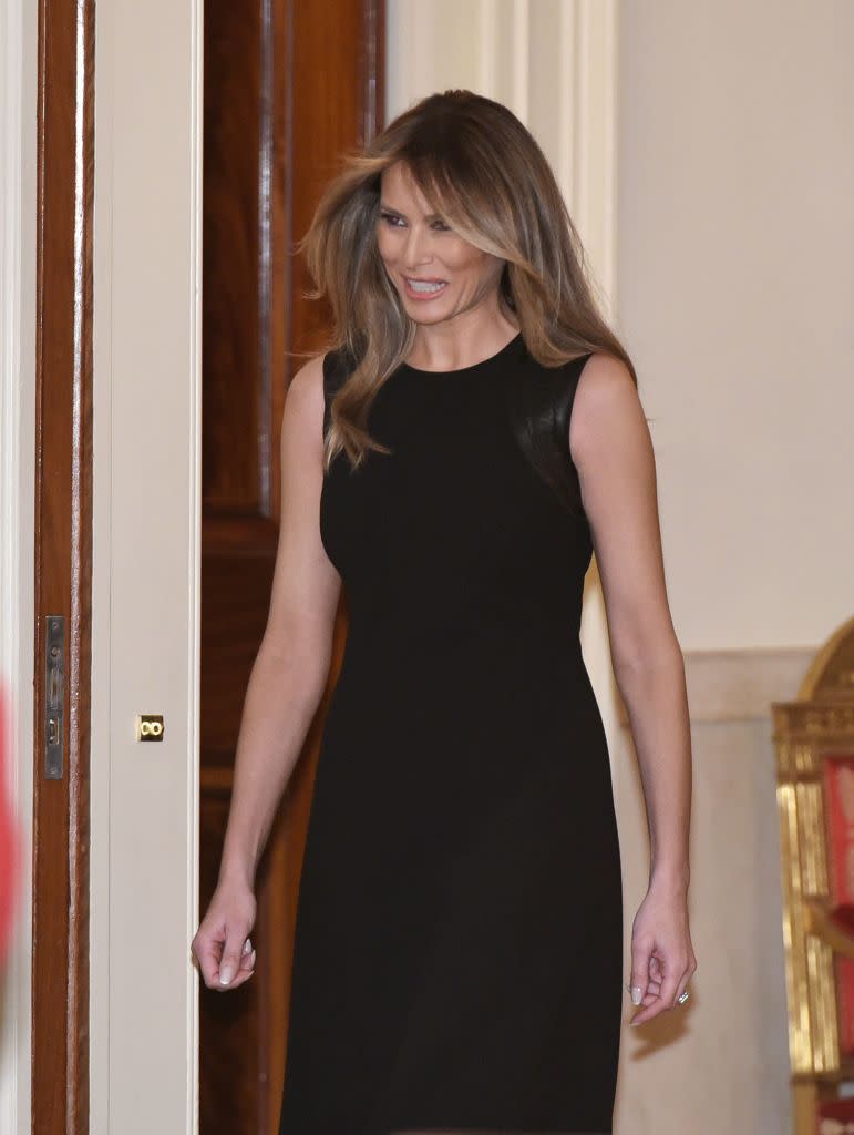 <p>She wore a Ralph Lauren dress to an event for International Women's Day, where she spoke out <a href="http://wwd.com/fashion-news/fashion-scoops/first-lady-melania-trump-wears-ralph-lauren-international-womens-day-10840756/" rel="nofollow noopener" target="_blank" data-ylk="slk:about progressing women's rights;elm:context_link;itc:0;sec:content-canvas" class="link ">about progressing women's rights</a>.</p>