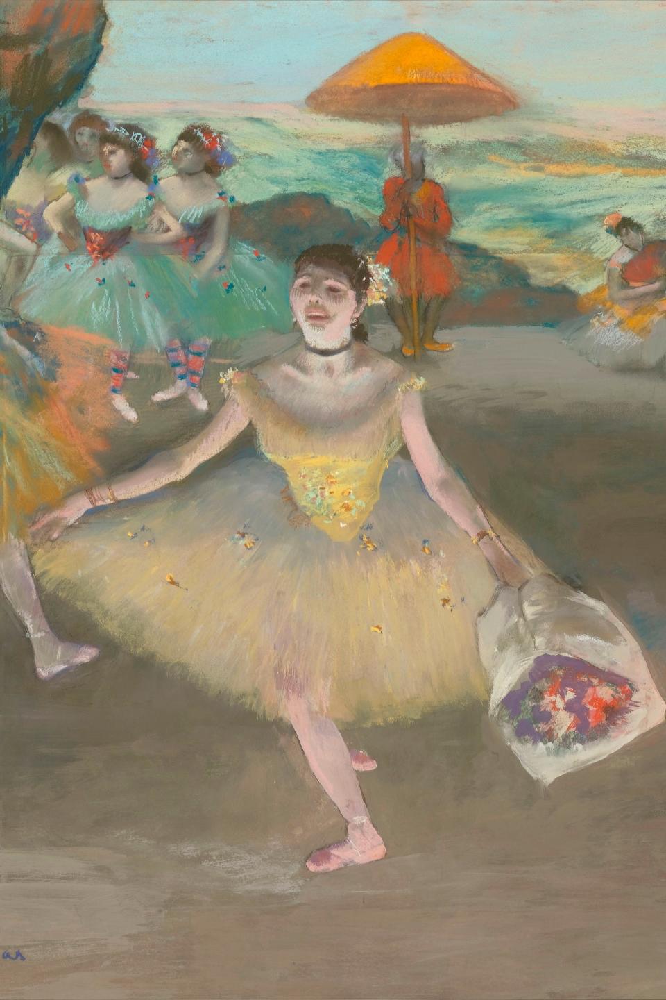 Edgar Degas, Dancer with a Bouquet Curtseying on Stage, 1878. Pastel on wove paper mounted on canvas; overall: 72 x 77.5 cm (28 3/8 x 30 1/2 in.). Musée d’Orsay, Paris, Bequest of Isaac de Camondo, 1911, RF 4039