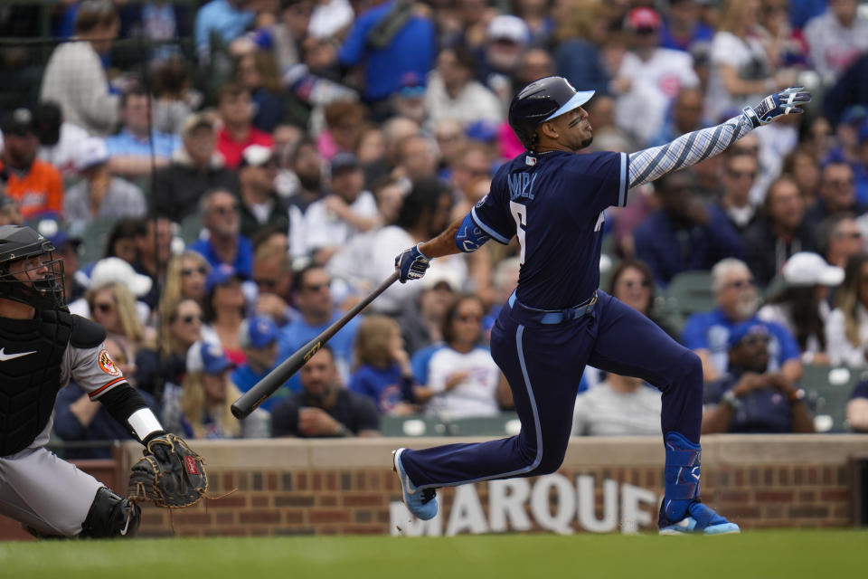 Chicago Cubs' Christopher Morel hits a home run during the third inning of a baseball game against the Baltimore Orioles Friday, June 16, 2023, in Chicago. (AP Photo/Erin Hooley)