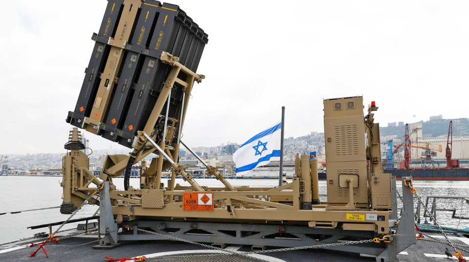 An Iron Dome launcher on the flight deck of an Israeli Navy <em>Sa’ar 5</em> class corvette. <em>via Twitter</em>