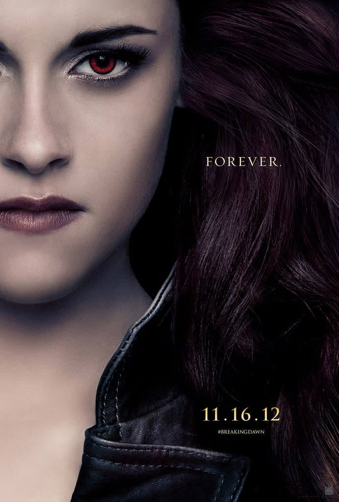 <b>Blood-thirsty eyes</b><br><br>In a new set of "Twilight" character posters, Kristen Stewart appears with red eyes as Bella -- now a newborn vampire. The color indicates her high level of thirst for blood -- since she is, after all, new to the game. (...Unlike Edward, who is shown with dimmer, orange-tinted eyes. Clearly he has his thirst under control.)<br><br>As the date on the poster indicates, "The Twilight Saga: Breaking Dawn Part 2" hits theaters November 16.