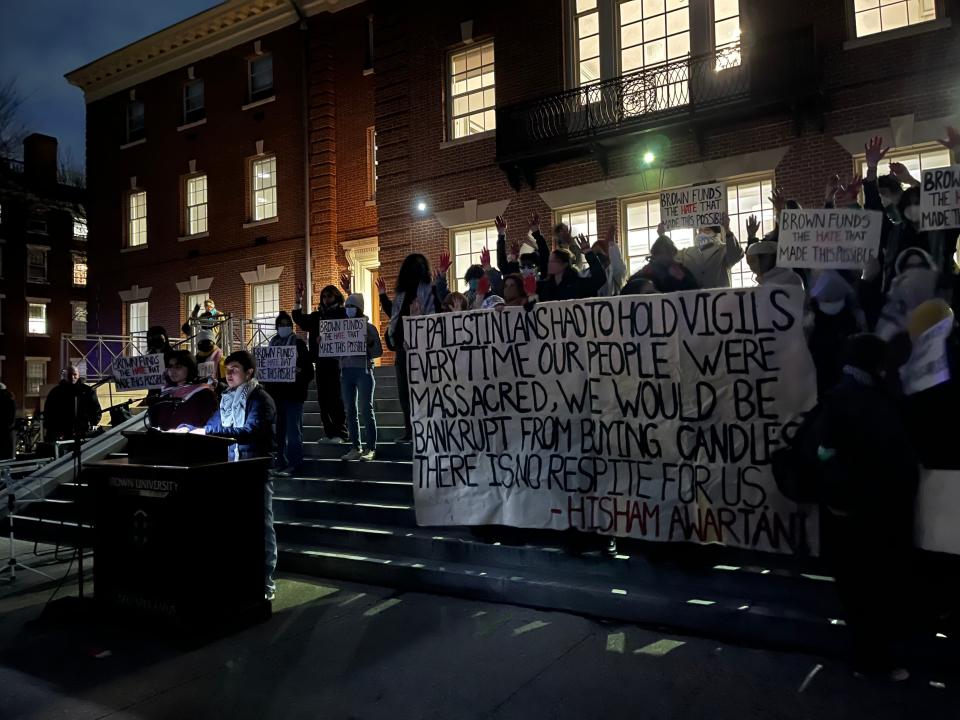 Brown University student Aboud Ashhab speaks during a vigil-turned-protest after a fellow Palestinian student was shot in Burlington Vermont