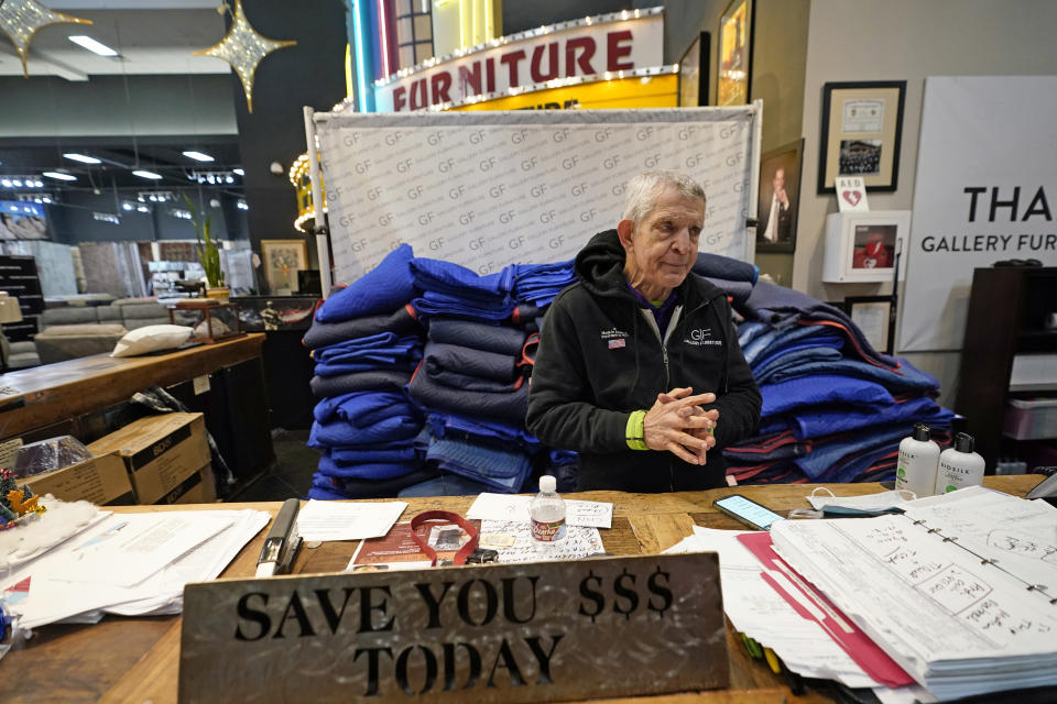 FILE - In this Feb. 17, 2021, file photo, owner Jim McIngvale talks about opening his Gallery Furniture store as a shelter in Houston. The Houston furniture dealer who owns horses is placing a big-money bet on the Kentucky Derby. McIngvale, nicknamed “Mattress Mack,” is wagering at least $2 million on Saturday’s race, which will be the largest in Derby history. He doesn’t have a horse of his own in the race, so he plans to bet on 2-1 morning-line favorite Essential Quality. (AP Photo/David J. Phillip, File)