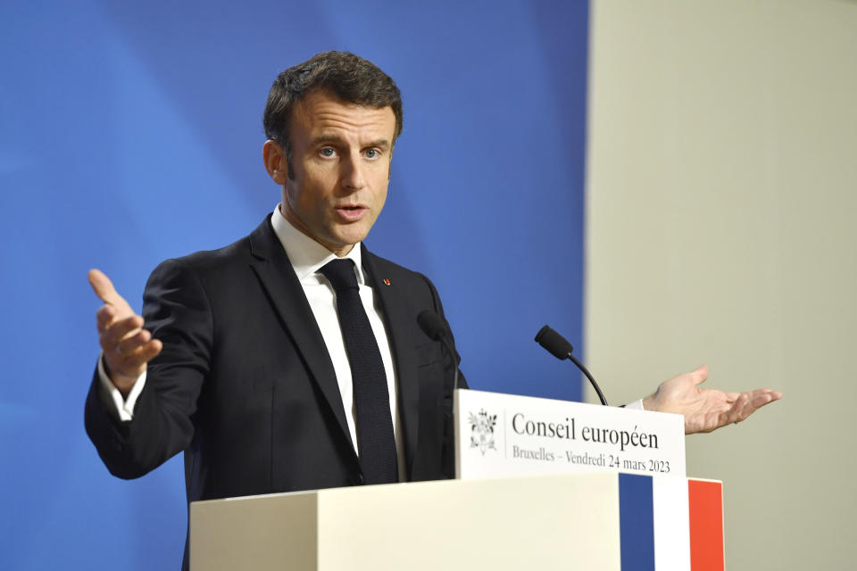 France's President Emmanuel Macron speaks during a media confernce at an EU summit in Brussels, Friday, March 24, 2023. European leaders gathered Friday to discuss economic and financial challenges and banking rules, seeking to tamp down concerns about eventual risks for European consumers from banking troubles in the US and Switzerland. (AP Photo/Geert Vanden Wijngaert)