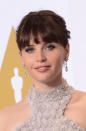 Hairstylist Tommy Buckett was behind Felicity Jones’ modern updo that showed off her new bangs. Buckett used a wax spray to create texture before pulling her hair into a ponytail and creating an easy bun. RELATED: Top 5 Oscars Beauty Looks.
