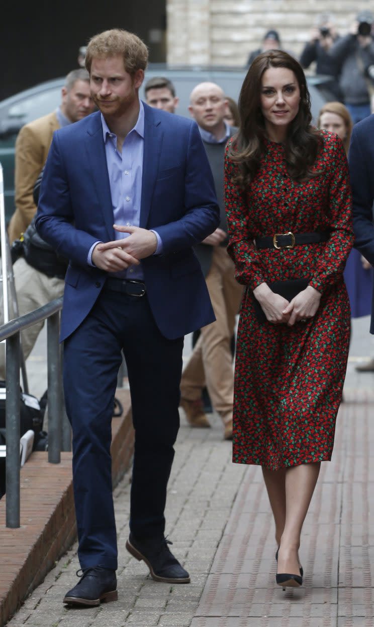 The Duchess donned a £720 dress yesterday instead of her usual L.K. Bennett designs [Photo: PA]