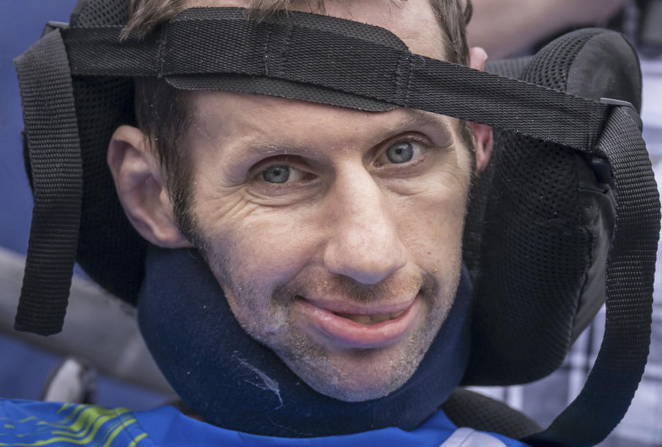 Rob Burrow ahead of the '2023 Rob Burrow Leeds Marathon' which started and finished at Headingley Stadium, Leeds, May, 14, 2023. Rob Burrow, a former rugby star who was widely praised for his fundraising campaigns after being diagnosed with Lou Gehrig’s disease in 2019, has died. He was 41. (Danny Lawson/PA via AP)