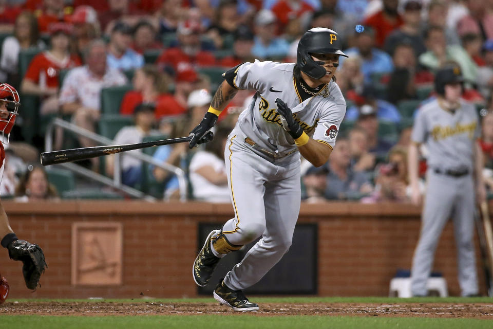 Pittsburgh Pirates' Ji Hwan Bae heads to first with a single during the seventh inning of the team's baseball game against the St. Louis Cardinals on Thursday, April 13, 2023, in St. Louis. (AP Photo/Scott Kane)