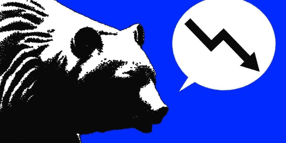 A bear with a speech bubble showing a downward stock arrow