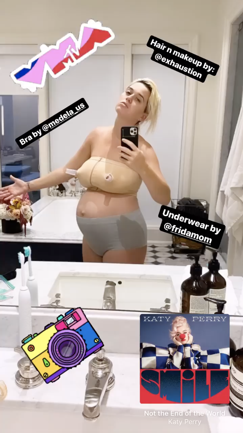 Perry gives "hair n makeup" credits to "exhaustion" as she poses in maternity underwear on Sunday night. (Photo: Instagram)