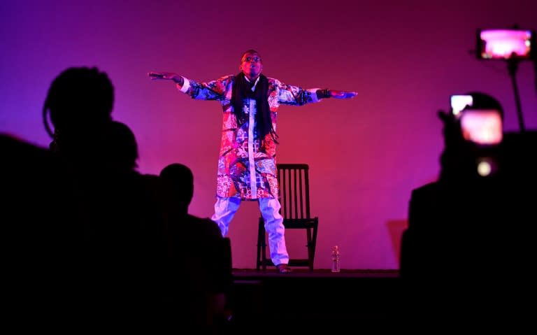 Ivory Coast story-teller Ahuie Olivier Philo performs in Abidjan during the Market for African Performing Arts (MASA)