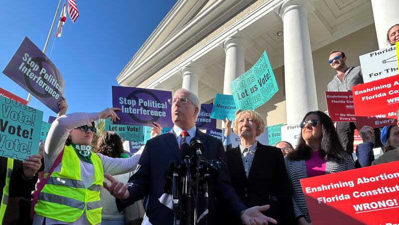 Liberty Counsel founder and Chairman Mathew Staver speaks to reporters in front of the Florida Supreme Court after telling justices a proposed amendment to protect abortion rights should be kept off the ballot on Wednesday, Feb. 7, 2024, in Tallahassee, Fla. The Florida Supreme Court ruled on Monday, April 1, 2024, that the proposed amendment can appear on Florida ballots.