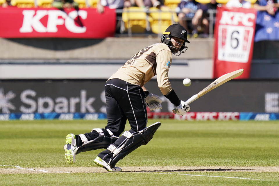 FILE - In this March 7, 2021, file photo, New Zealand's Devon Conway bats against Australia during their 5th T20 cricket international match at Wellington Regional Stadium in Wellington, New Zealand. Conway, a left-handed batter has taken international cricket by storm in all formats, underlining not just his talent but his versatility and ability to thrive in different conditions. (John Cowpland/Photosport via AP, File)