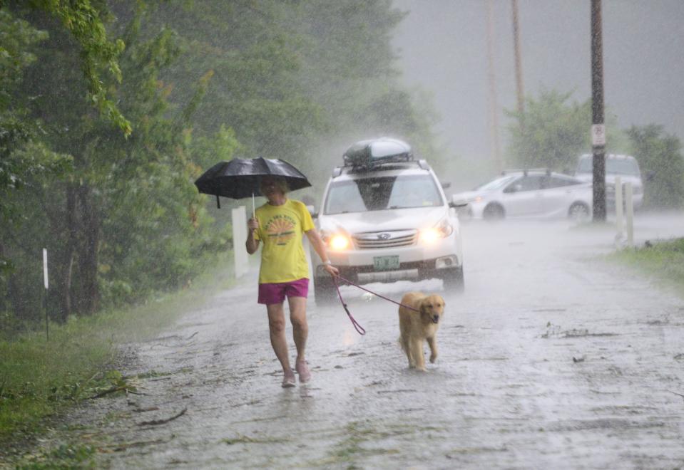 Nancy Cain, of Brattleboro, Vt., walks her dog Zephyr as the rain pours down near the West River in Brattleboro, Vt., Monday, July 10, 2023. (Kristopher Radder/The Brattleboro Reformer via AP)