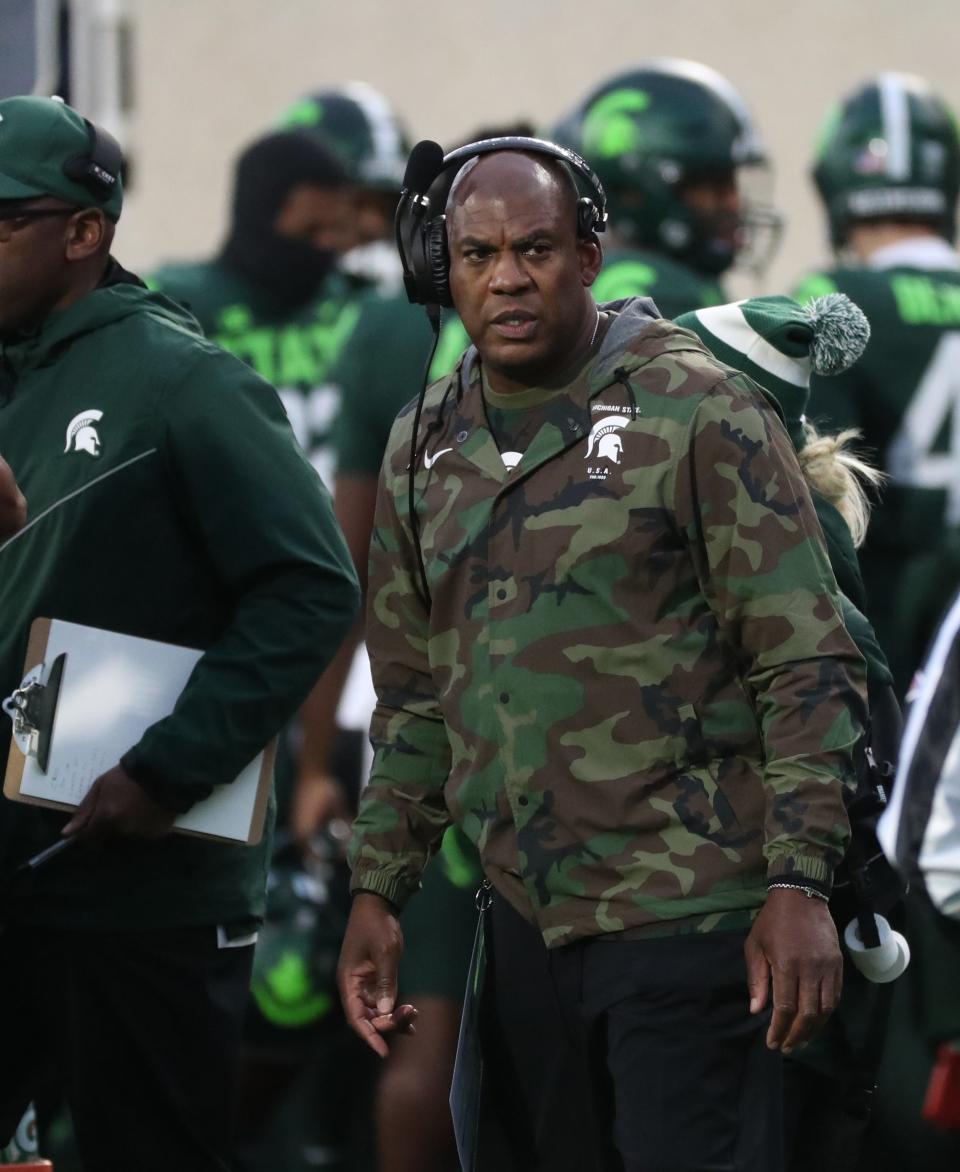 Michigan State Spartans head coach Mel Tucker on the sidelines during action against the Maryland Terrapins Saturday, Nov. 13, 2021 at Spartan Stadium.