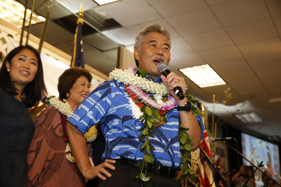 Hawaii Gov. David Ige speaks to supporters at his campaign headquarters, Saturday, Aug. 11, 2018, in Honolulu. (AP Photo/Marco Garcia)