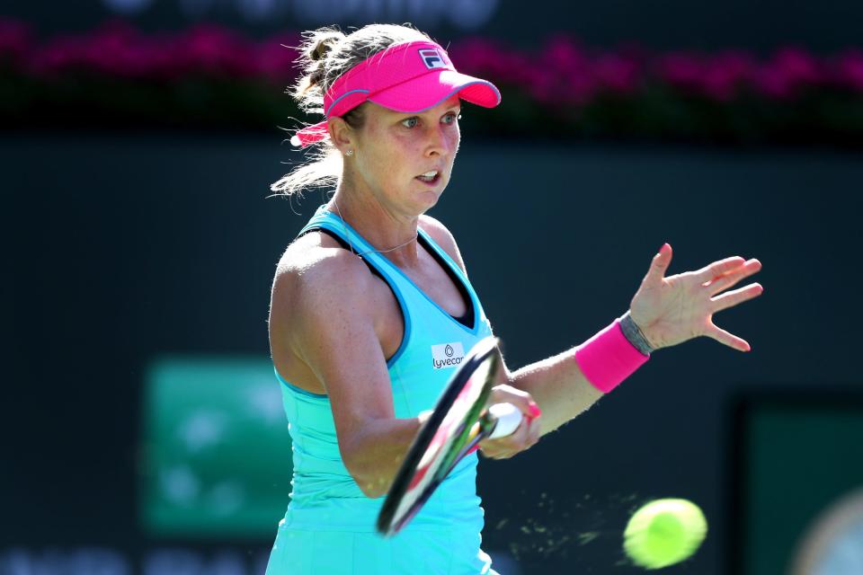 Shelby Rogers returns to Katie Volynets during the BNP Paribas Open at the Indian Wells Tennis Garden in Indian Wells, Calif., on Wednesday, March 8, 2023.