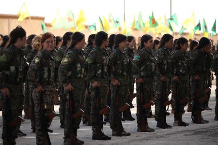 Syrian Democratic Forces (SDF) female fighters hold their weapons during a graduation ceremony in the city of Hasaka, northeastern Syria, August 9, 2017. REUTERS/Rodi Said