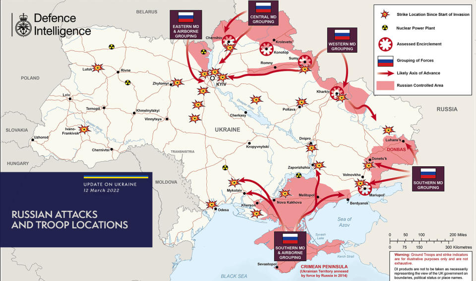 The situation in Ukraine as of March 12, according to the UK Ministry of Defence. (UK Ministry of Defence)