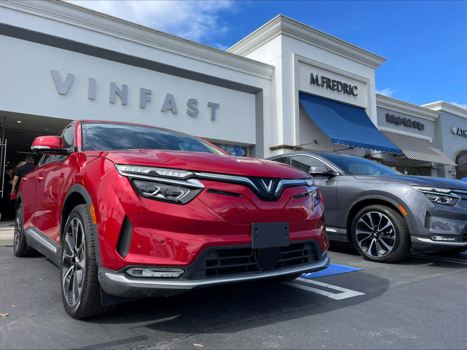 VinFast electric vehicles are parked before delivery to their first customers at a store in Los Angeles, California, U.S.,  March 1, 2023. REUTERS/Lisa Baertlein