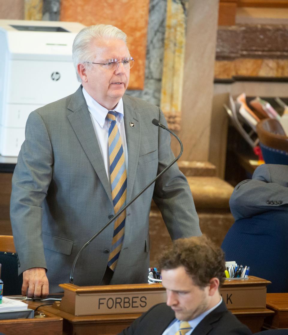 Rep. John Forbes speaks on the floor of the Iowa House Wednesday, May 19, 2021.