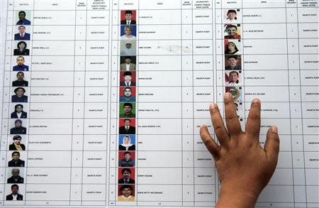 A woman places a hand on a list of candidates for members of parliament at a polling station during voting for parliamentary elections in Jakarta April 9, 2014. REUTERS/Beawiharta