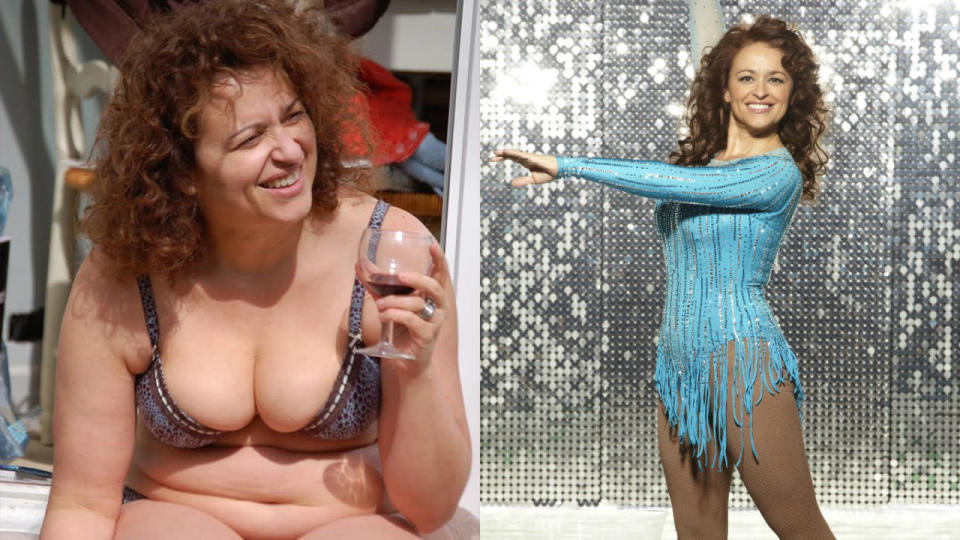 <p>Former EastEnders star Nadia showed off a stunning transformation when she released her fitness DVD, Fat to Fat Workout in 2010, slimming down from a size 16. She was in great shape when competing in Dancing on Ice in 2011 and has said it was “no fun” being a size 8. <i>Copyright [ITV/REX/Shutterstock]</i></p>