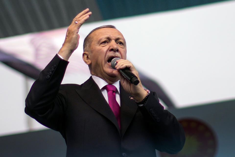 FILE - Turkish President and People's Alliance's presidential candidate Recep Tayyip Erdogan gives a speech during an election rally campaign in Istanbul, Turkey, Friday, April 21, 2023. The 69-year-old leader, who has sought to dispel concerns about his health weeks before a crucial election, has canceled several campaign stops. Erdogan, who has ruled Turkey for two decades, canceled rallies on Wednesday and Thursday after he suffered what the health minister called a gastrointestinal infection. (AP Photo/Francisco Seco, File)