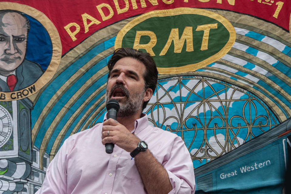 Rob Delaney joined the RMT picket line at King's Cross station in London. (Getty)