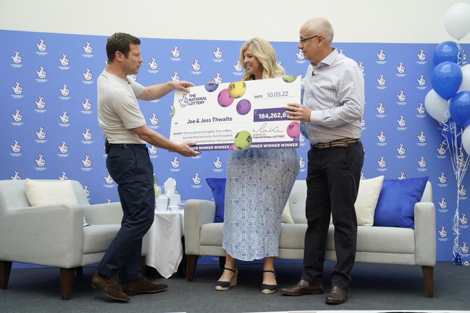 Joe Thwaite, 49, and Jess Thwaite, 46, from Gloucestershire celebrate after winning the record-breaking EuroMillions jackpot of �184M from the draw on Tuesday 10 May, 2022, at the Ellenborough Park Hotel, in Cheltenham, Gloucestershire. Picture date: Thursday May 19, 2022.