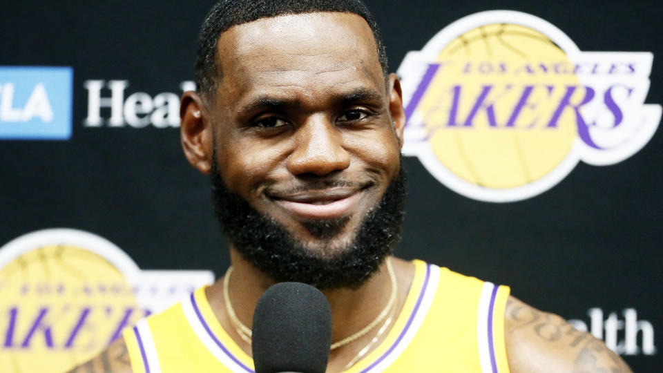 LeBron James, pictured here speaking to the media after joining the Los Angeles Lakers.