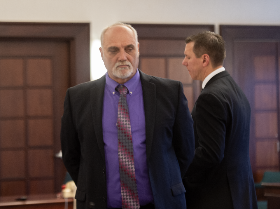 Jeffrey Allen, left, was sentenced to an intervention program during a hearing Friday, Jan. 26, 2024, in Portage County Common Pleas Court. Allen appeared in court with his attorney, Don Malarcik, right.