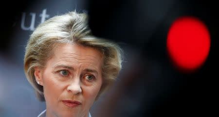 German Defence Minister Ursula von der Leyen gives a statement to the media prior she faces the defence commission of the lower house of parliament Bundestag in Berlin, Germany May 10, 2017. REUTERS/Fabrizio Bensch