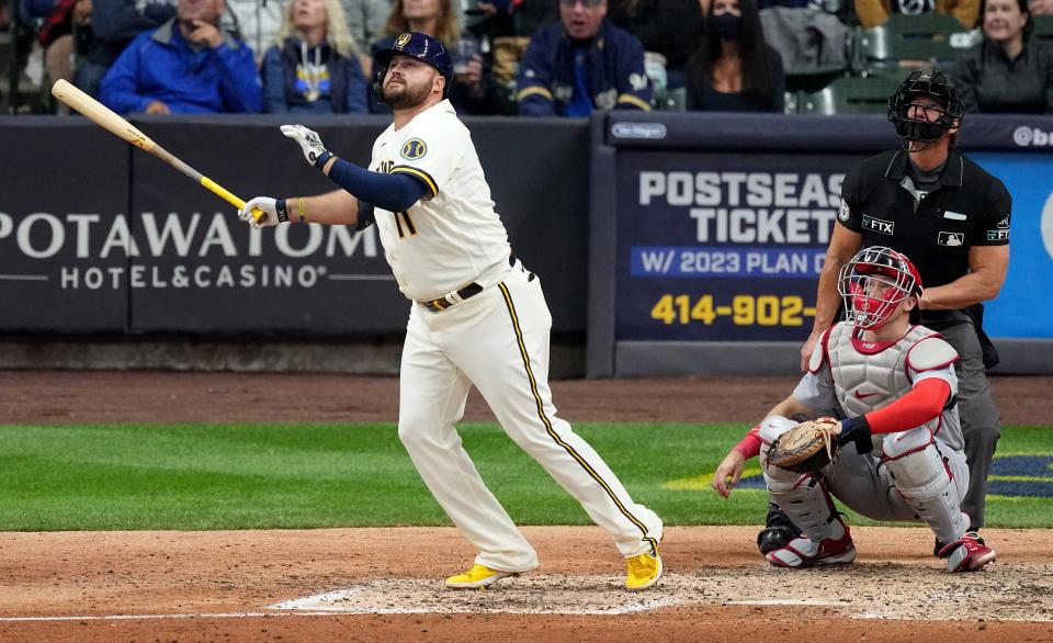 Milwaukee Brewers first baseman Rowdy Tellez hits a solo home run during the sixth inning of their game against the St. Louis Cardinals on Sept. 27, 2022, at American Family Field.