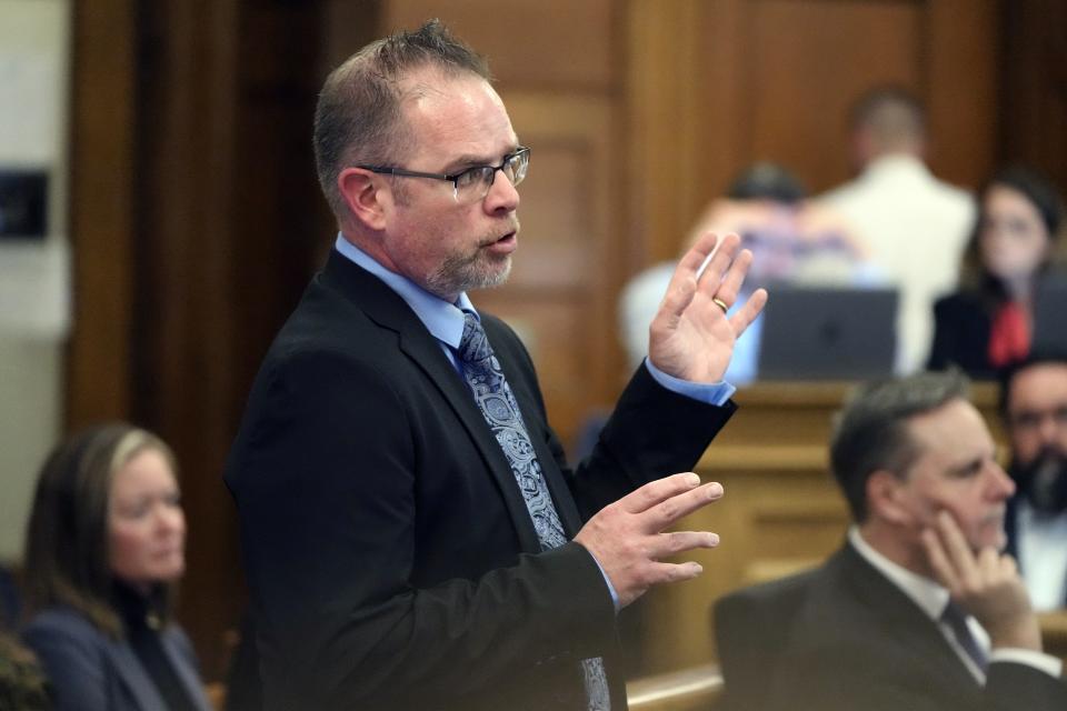 Prosecutor Adam Lally examines witness Katie McLaughlin during Karen Read's murder trial, Friday, May 3, 2024, in Dedham, Mass. Read is accused of backing her SUV into her Boston Police officer boyfriend, John O'Keefe, and leaving him to die in a blizzard in Canton, Mass., in 2022. (AP Photo/Michael Dwyer, Pool)