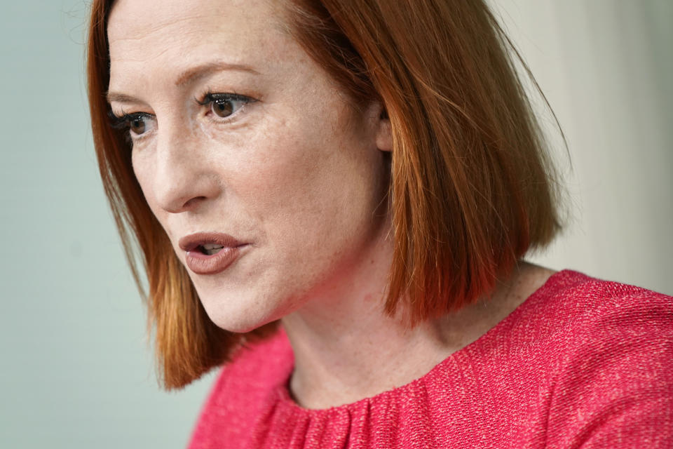 White House press secretary Jen Psaki speaks during a press briefing at the White House, Wednesday, Feb. 9, 2022, in Washington. (AP Photo/Patrick Semansky)