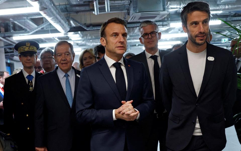 Emmanuel Macron visits the Olympic aquatics centre near Paris for its inauguration
