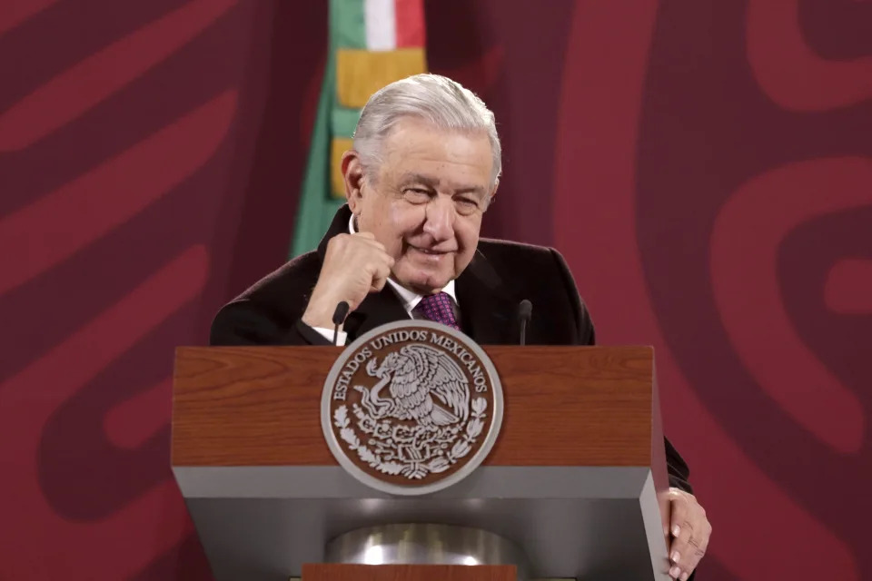 MEXICO CITY, MEXICO - JAN 20, 2022: President of Mexico, Andr&#xe9;s Manuel L&#xf3;pez Obrador, gestures while talk during his daily morning briefing conference At the National Palace. The President presented data on pension expenses and salaries of public officials and former presidents of Mexico. On January 20, 2022 In Mexico City, Mexico.  (Photo credit should read Luis Barron / Eyepix Group/Future Publishing via Getty Images)