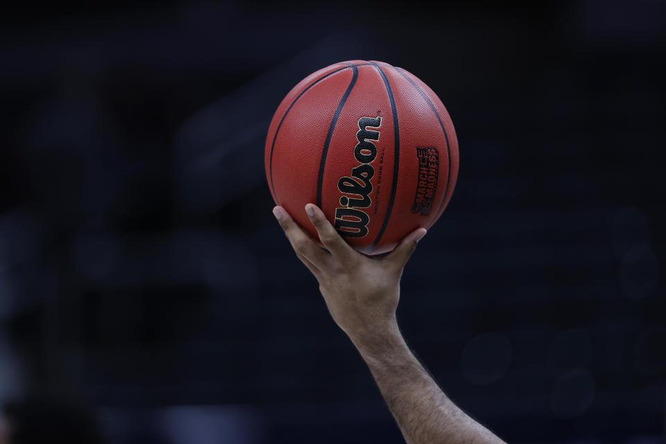 INDIANAPOLIS, INDIANA - MARCH 27: A close up view of the March Madness game ball during the first half between the Oregon State Beavers and the Loyola-Chicago Ramblers in the Sweet Sixteen round of the 2021 NCAA Men's Basketball Tournament at Bankers Life Fieldhouse on March 27, 2021 in Indianapolis, Indiana. (Photo by Jamie Squire/Getty Images)