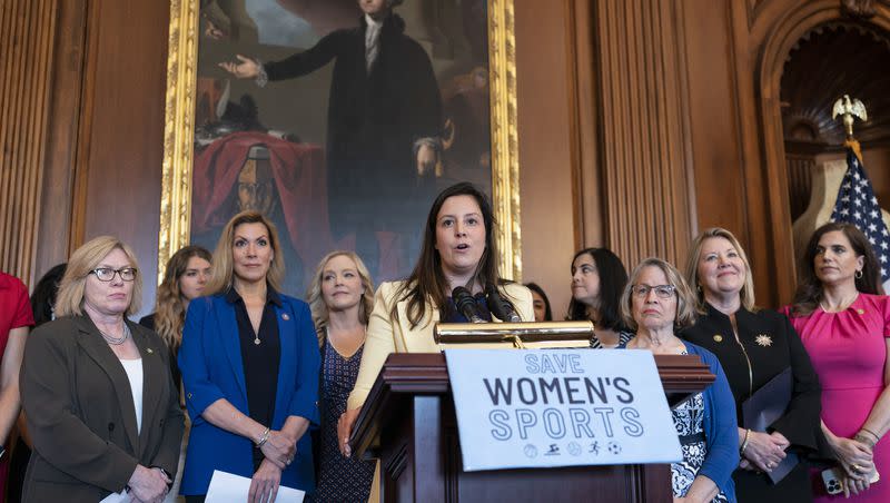 House Republican Conference Chair Elise Stefanik, R-N.Y., speaks as GOP women members hold an event before the vote to prohibit transgender women and girls from playing on sports teams that match their gender identity, at the Capitol in Washington, Thursday, April 20, 2023. The Protection of Women and Girls in Sports Act of 2023 would amend Title IX, the federal education law that bars sex-based discrimination, to define sex as based solely on a person’s reproductive biology and genetics at birth.