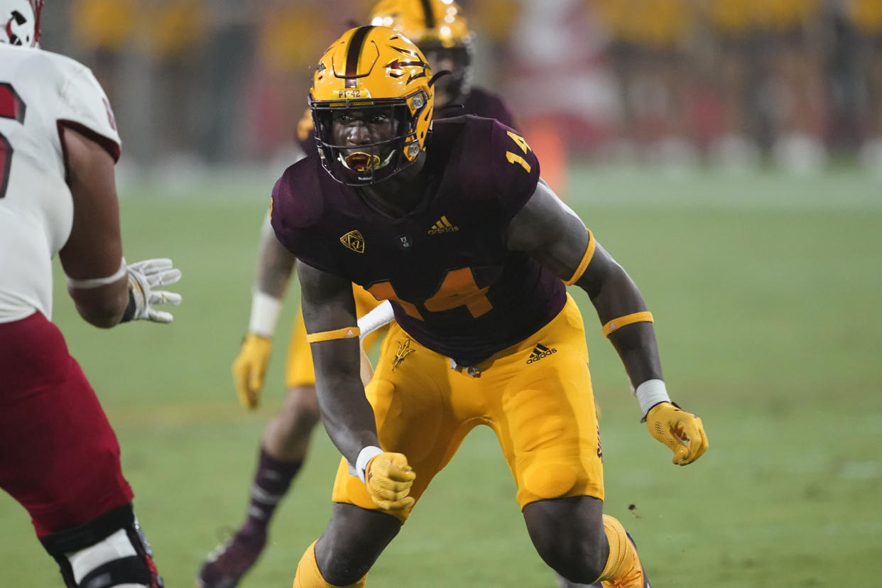 Arizona State defensive lineman Stanley Lambert (14) against Southern Utah during the first half of an NCAA college football game, Thursday, Sept. 2, 2021, in Tempe, Ariz. (AP Photo/Matt York)